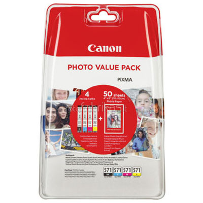 Genuine Canon CLI571 BK/C/M/Y/Glossy Paper Multi Pack ink Cartridge (CLI571BKCMYGPMULTIOEM)