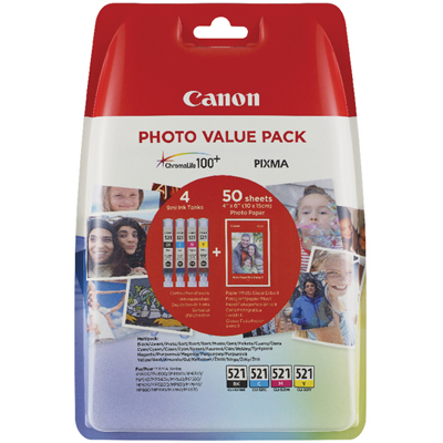 Genuine Canon CLI-521 PBK/C/M/Y Photo Value Pack 4X6 50 Sheets of Photo Paper (CLI521PBKCMYPSOEM)
