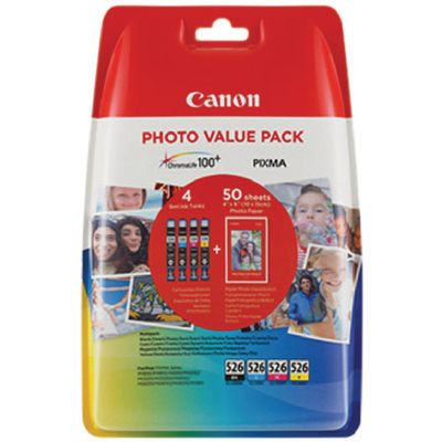 Genuine Canon CLI-526 Photo Paper Value Pack Ink Cartridge (CLI526VAL+PHOTOOEM)