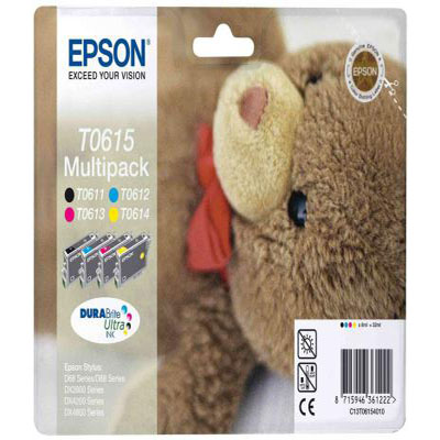 Genuine Epson C13T06154010 BK/C/M/Y Quad Pack of Inks Taddy Bear (T0615BKCMYMULTIOEM)