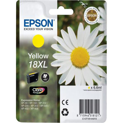 Genuine Epson C13T18144012 (#18H) Yellow High Capacity Ink Cartridge (T1814XLYOEM)