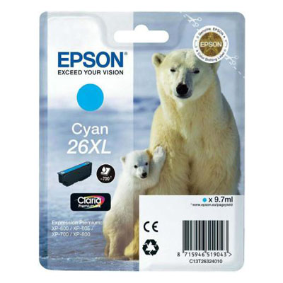Genuine Epson C13T26324012 (#26H) Cyan High Capacity Ink Cartridge (T2632XLCOEM)